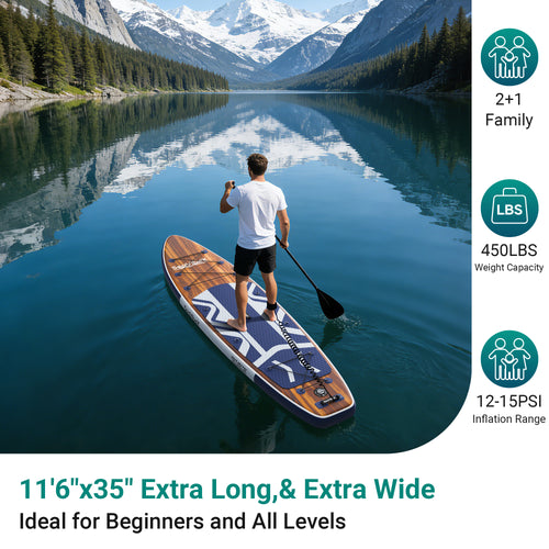 SeaVibeX Inflatable Stand Up Paddle Board, 11.5ft x 35" x 6" Wide Stable SUP Board with Non-Slip Deck, Complete Accessories Pack for All Skill Levels - Ideal for Cruising, Yoga & Water Adventures