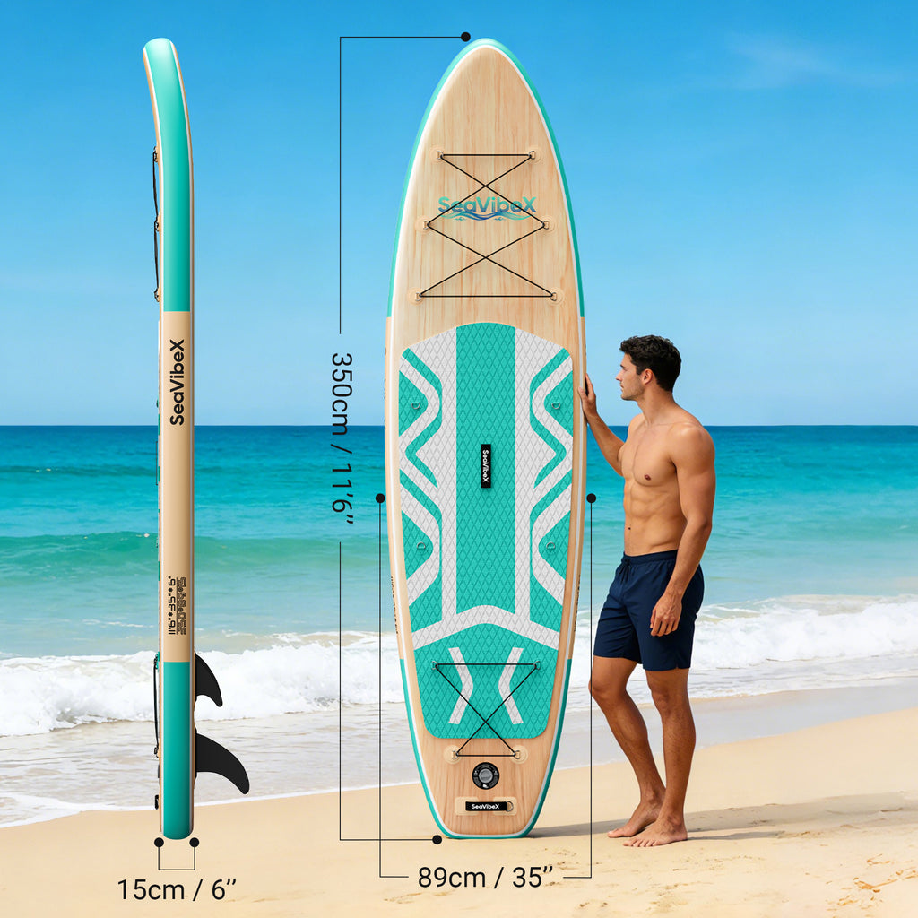 SeaVibeX Inflatable Stand Up Paddle Board, 11.5ft x 35" x 6" Wide Stable SUP Board with Non-Slip Deck, Complete Accessories Pack for All Skill Levels - Ideal for Cruising, Yoga & Water Adventures