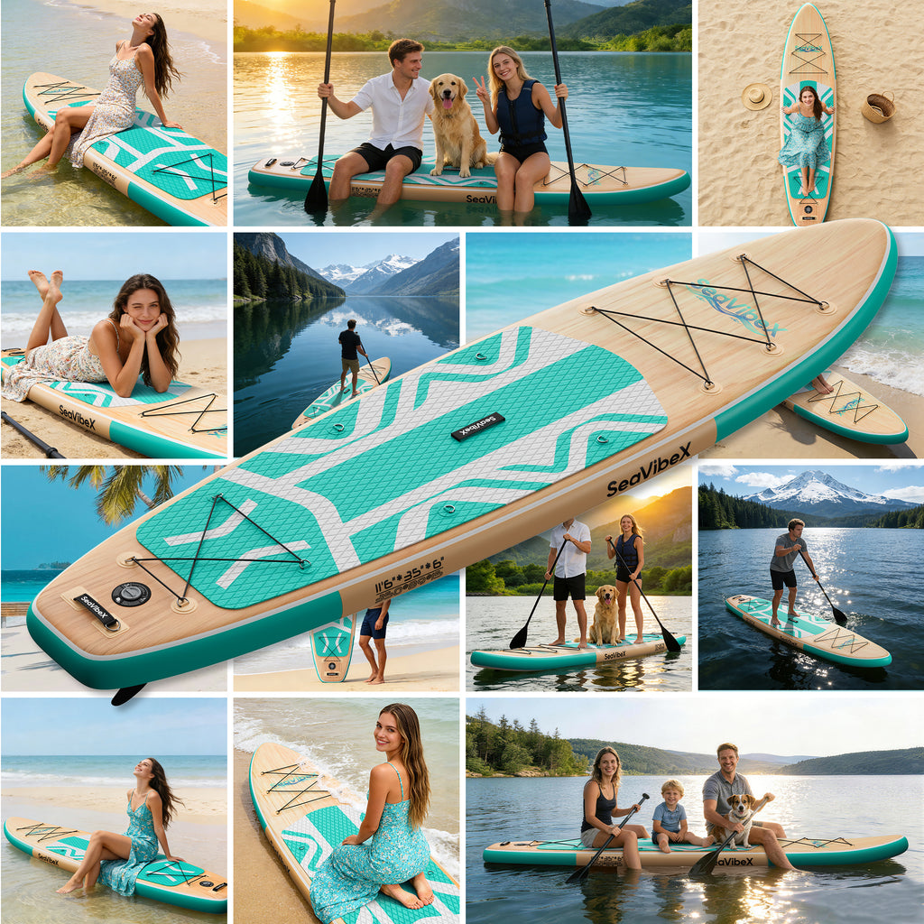 SeaVibeX Inflatable Stand Up Paddle Board, 11.5ft x 35" x 6" Wide Stable SUP Board with Non-Slip Deck, Complete Accessories Pack for All Skill Levels - Ideal for Cruising, Yoga & Water Adventures