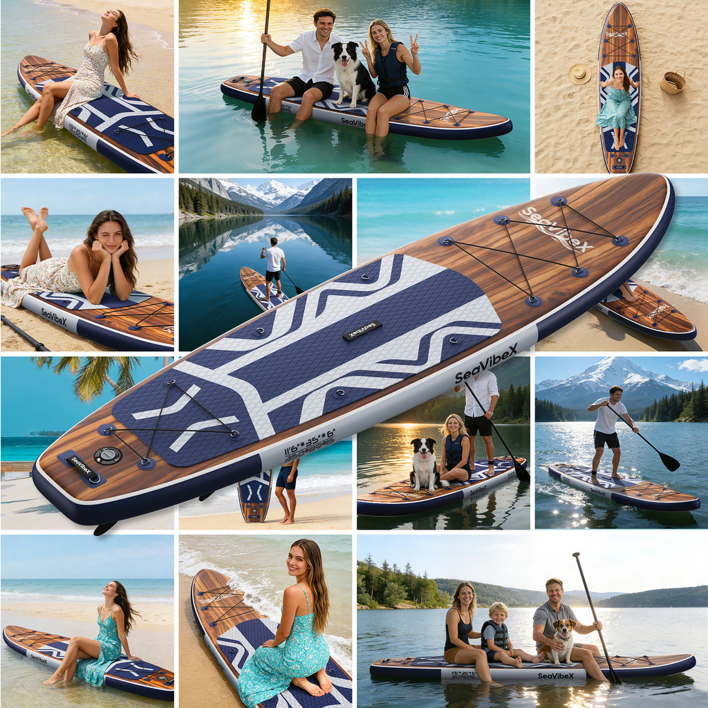 SeaVibeX Inflatable Stand Up Paddle Board, 11.5ft x 35" x 6" Wide Stable SUP Board with Non-Slip Deck, Complete Accessories Pack for All Skill Levels - Ideal for Cruising, Yoga & Water Adventures